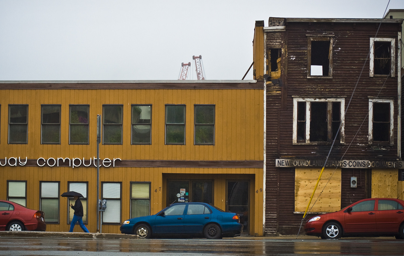 A rainy day following a large building fire that gutted the building to the right - New Gower Street