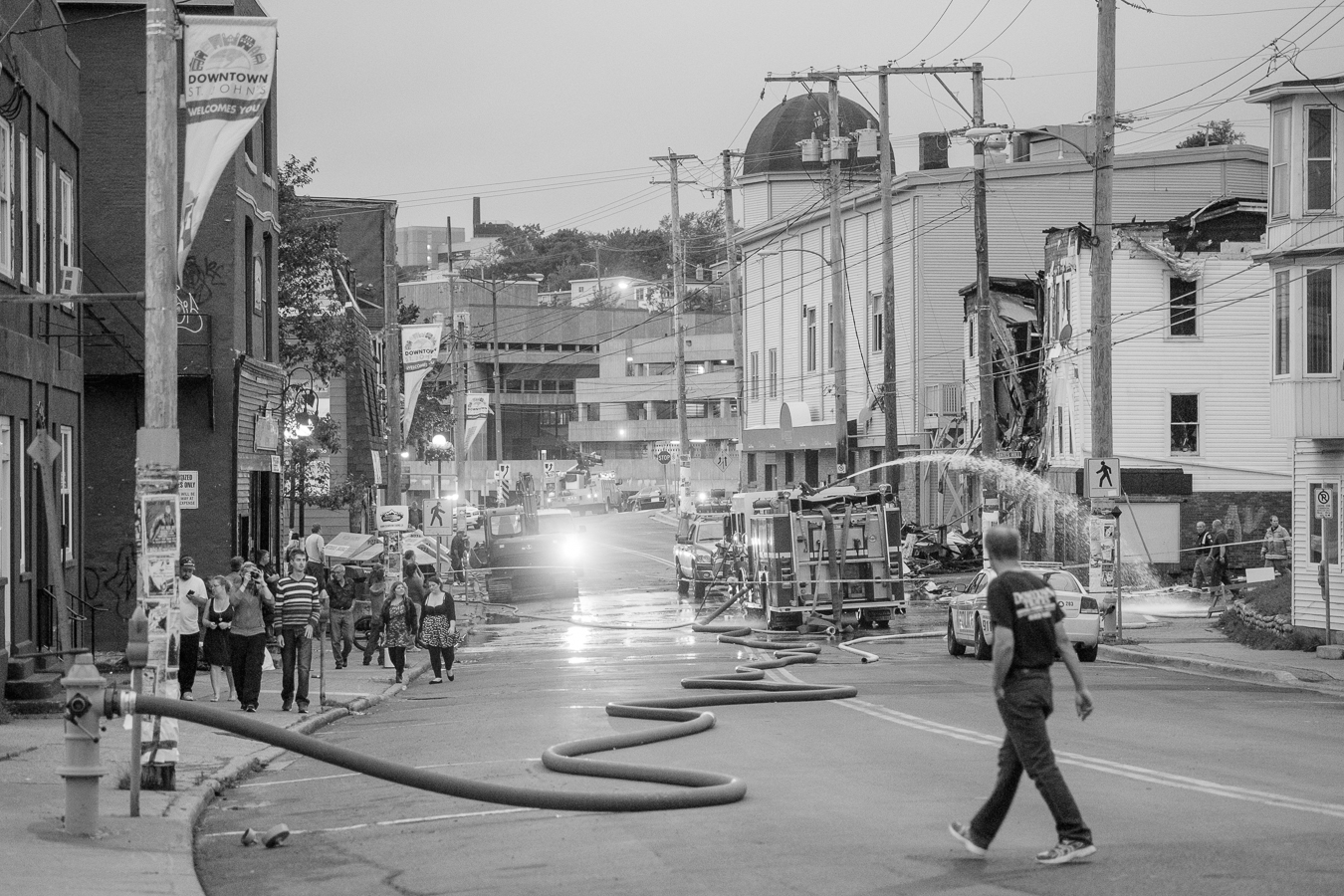Firefighters and onlookers at the scene of another lost block of Downtown - Sept 2013 - Duckworth Street