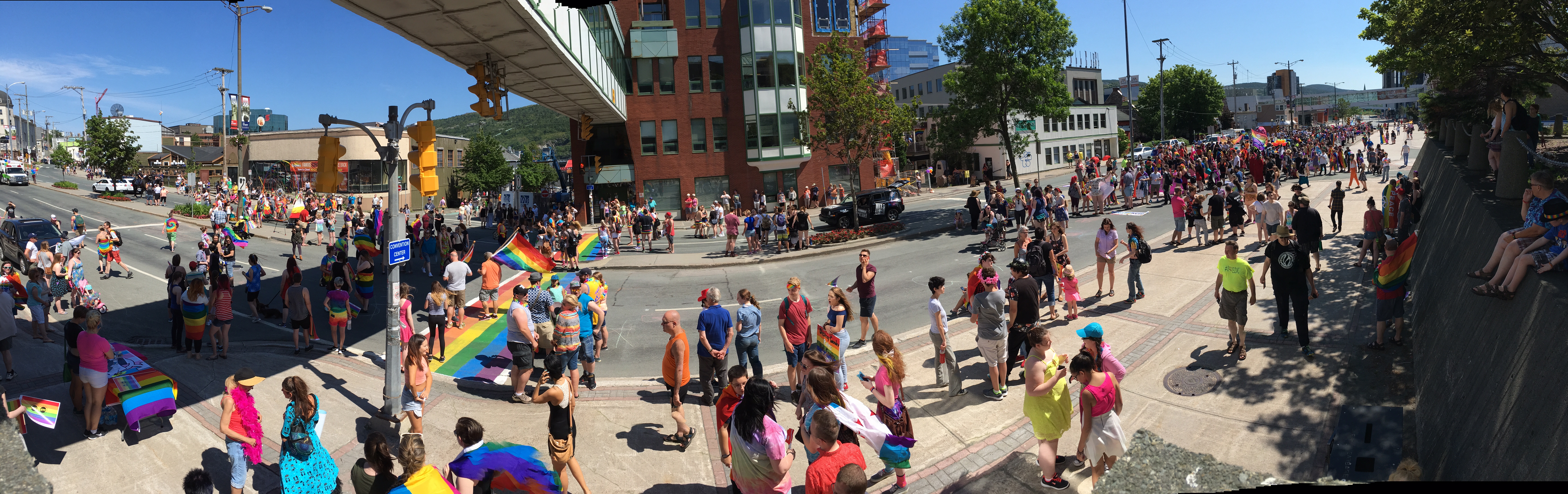 Everyone gets prepped to pass over the rainbow crosswalk that marks the beginning. - City Hall - New Gower street