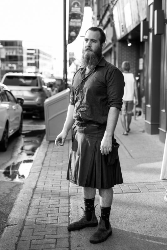 Josh holds his kilt up with a Louis Vuitton belt. - the rose & Thistle - Water Street