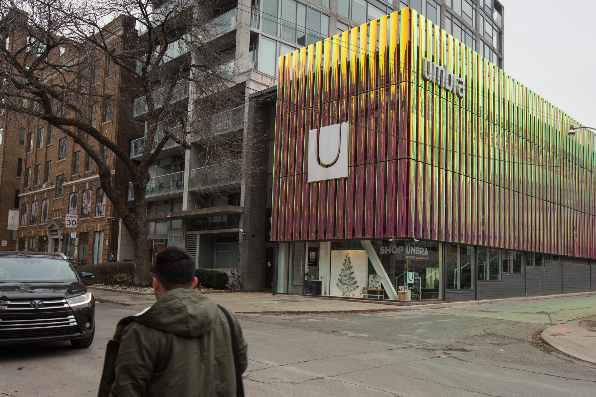 The Cladding on the UMBRA building broke my brain for a minute, but i love it - UMBRA Store - John St. - Toronto, Ontario
