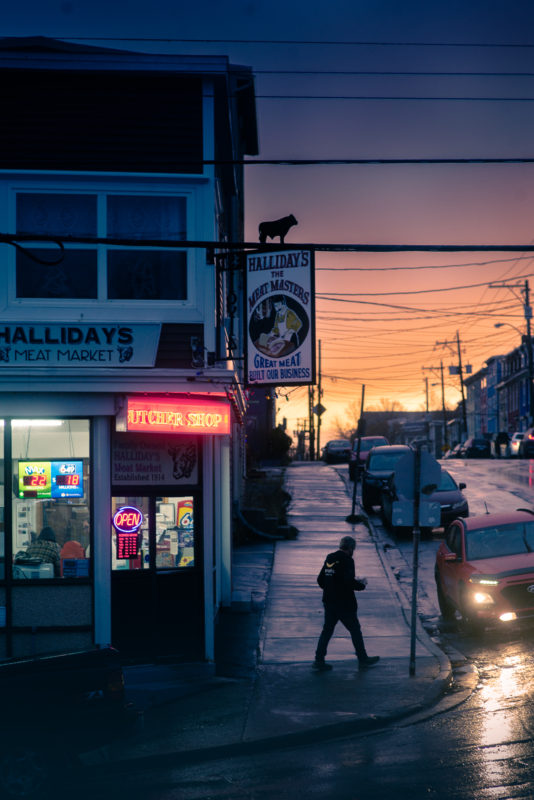 An evening bathed in neon and fluorescent with the baking sunset - Hallidays Meat market - Gower Street